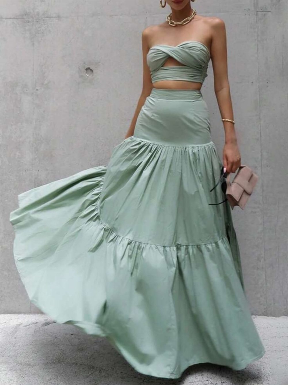 Sage Green Light Flowy Skirt and Strapless Top Set